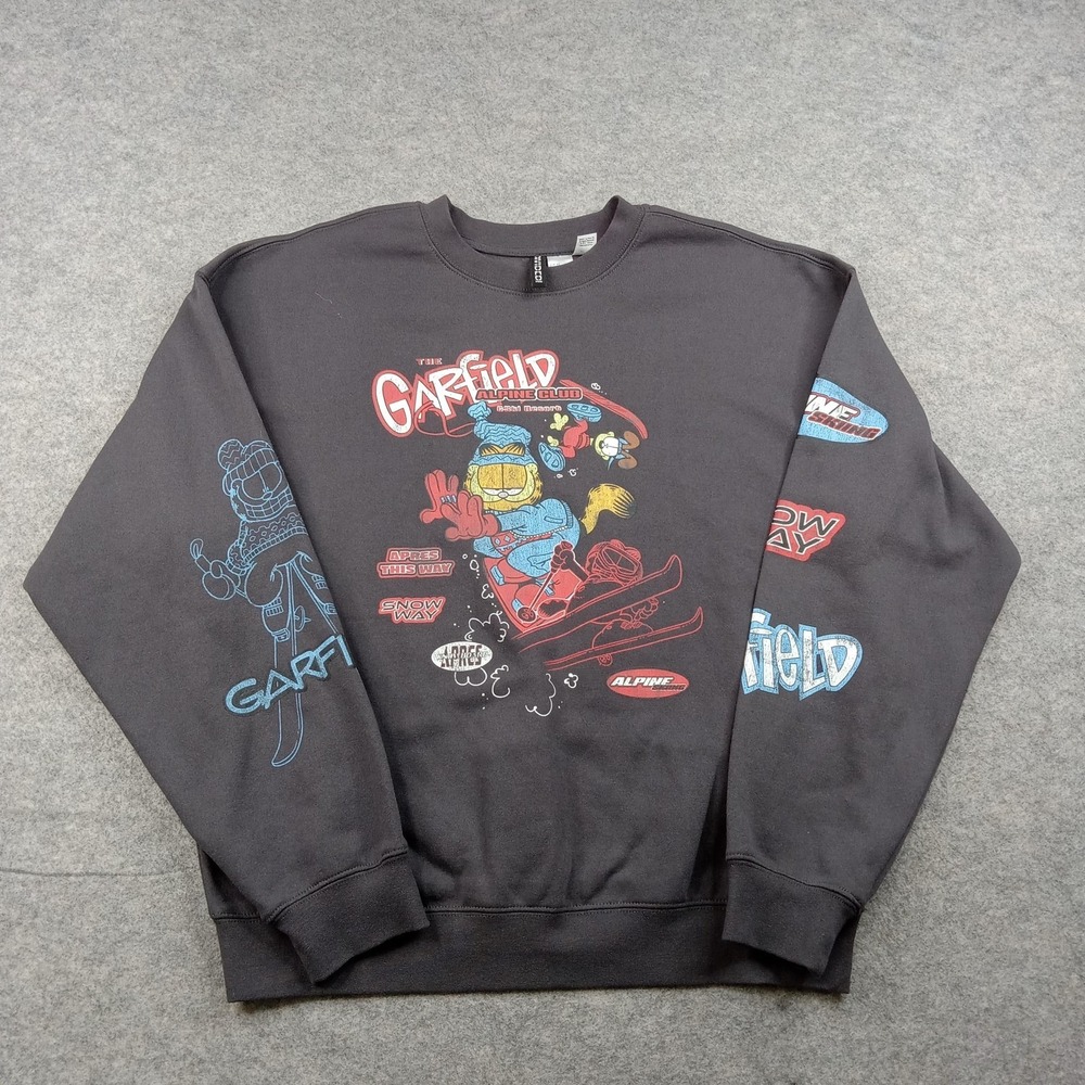 Garfield Sweatshirt Womens XS Cat H&M Divided Black Ski Graphic Fleece Pullover